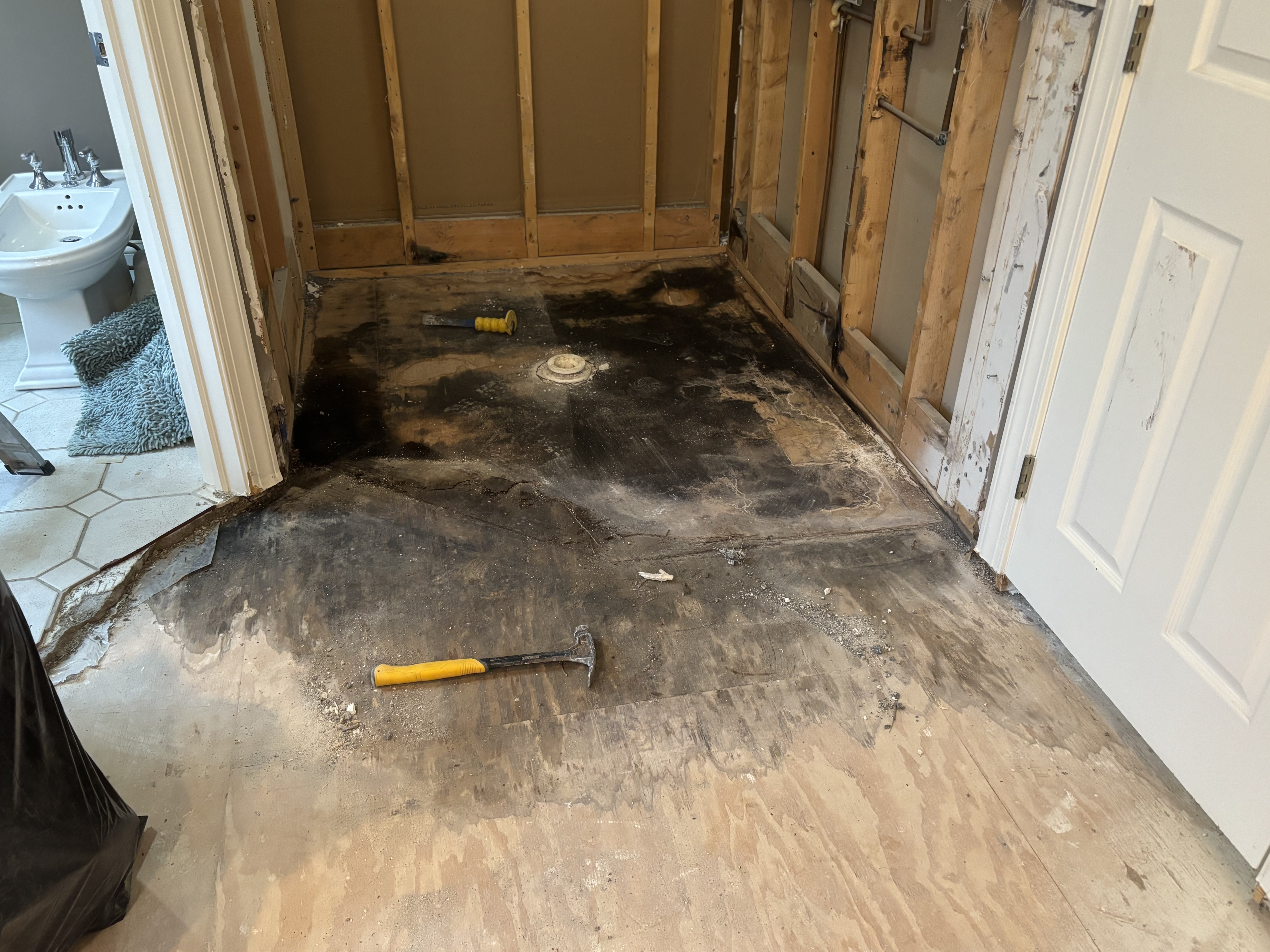 Black rot discovered under shower subfloor during bathroom demolition by Craftsworth Construction