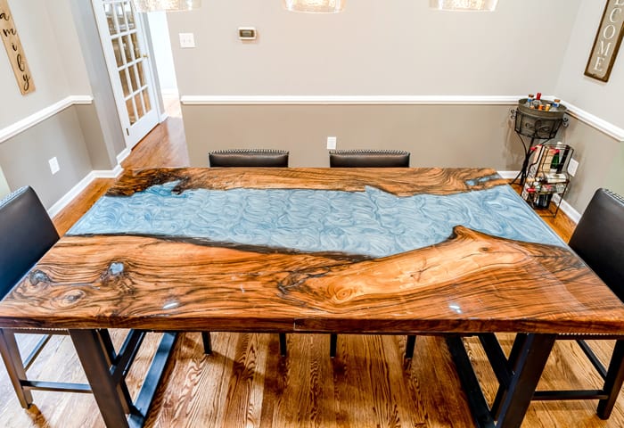 West Chester dining room with custom live edge river table