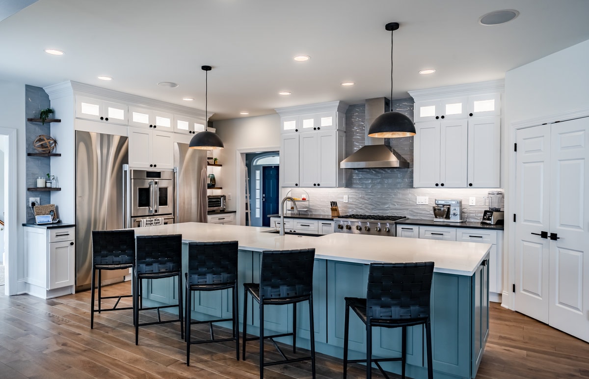 Modern white kitchen remodeling with custom cabinets and large island West Chester PA