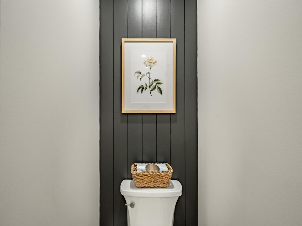 Basement bathroom toilet nook with dark charcoal shiplap accent wall and framed botanical print