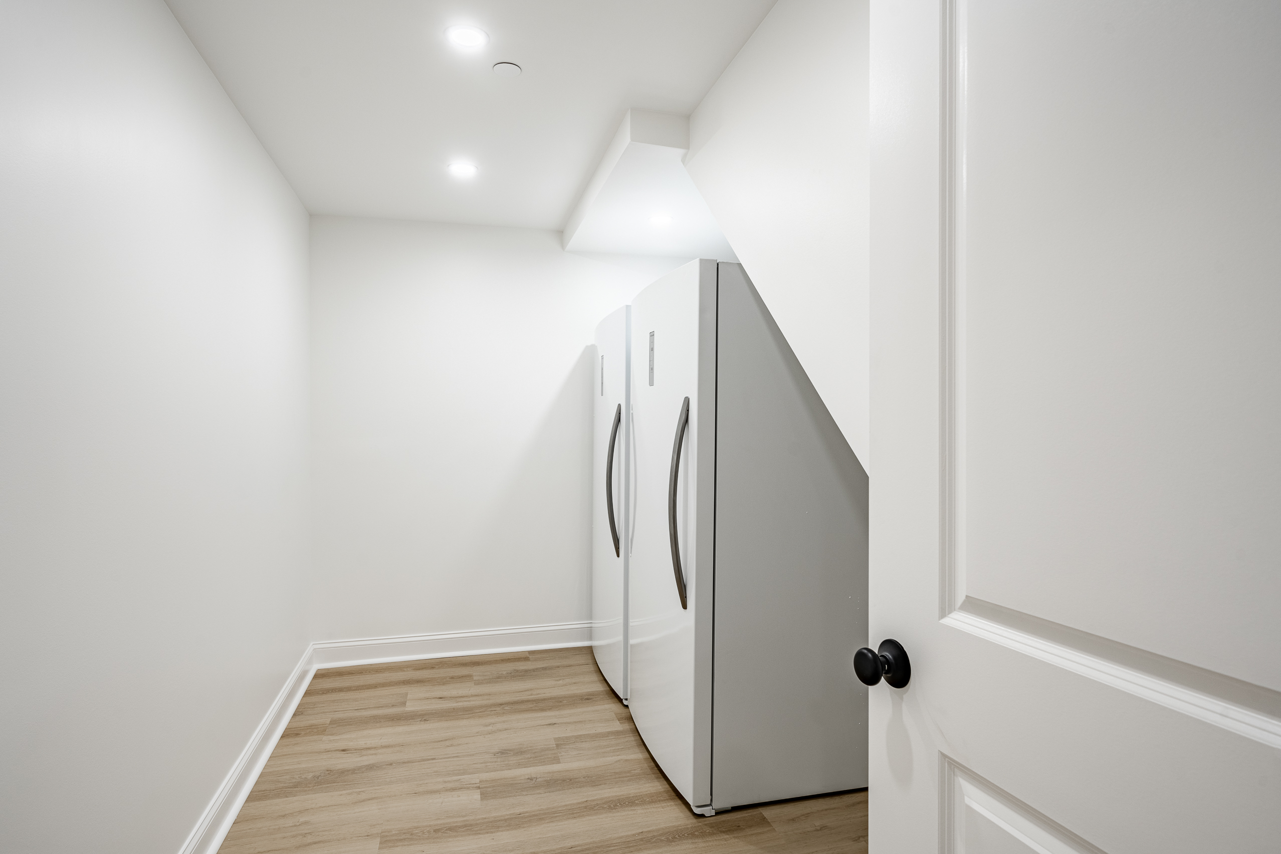 Newtown Square basement renovation - under-stair laundry and storage area