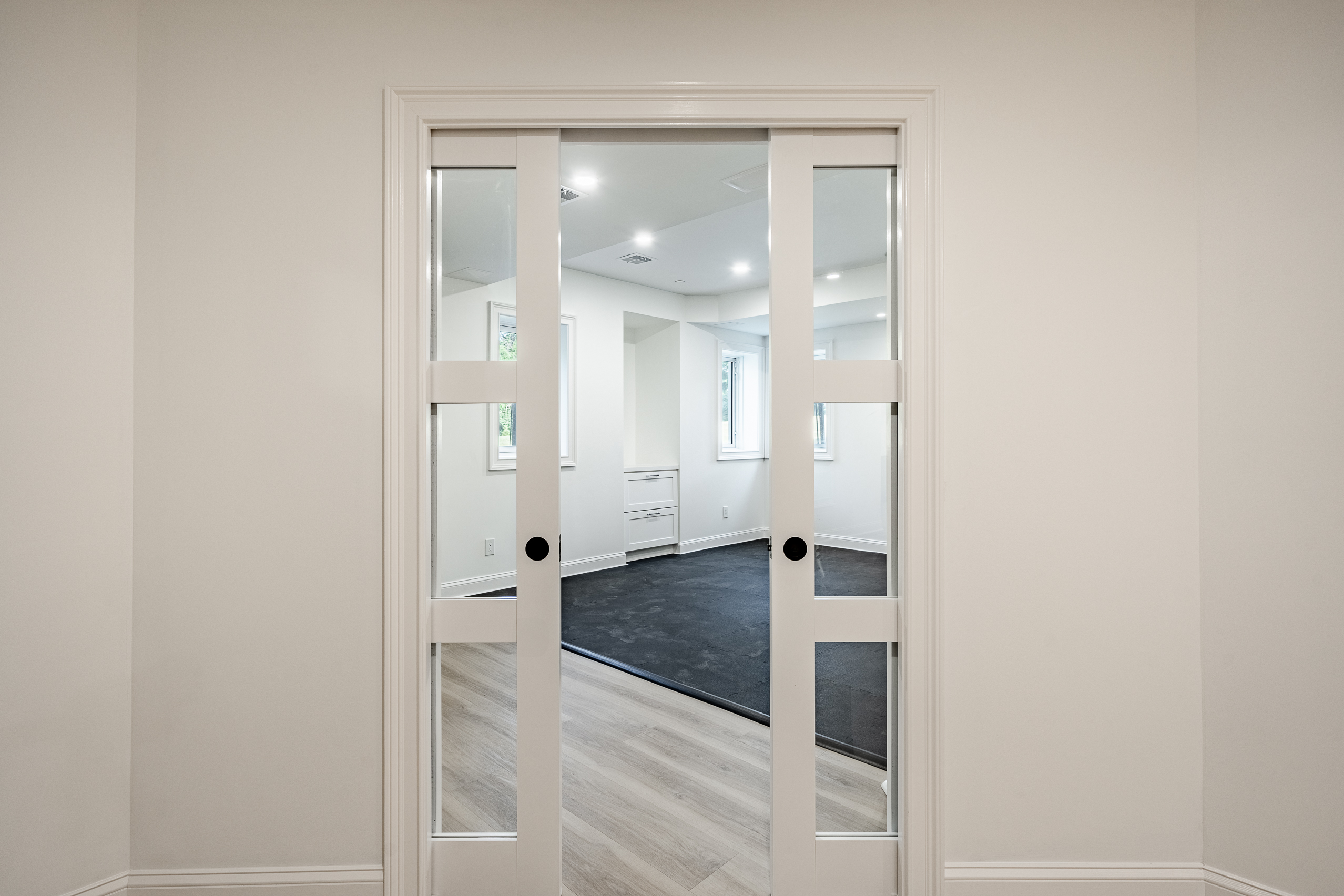 Basement pocket doors - French glass doors leading to gym room