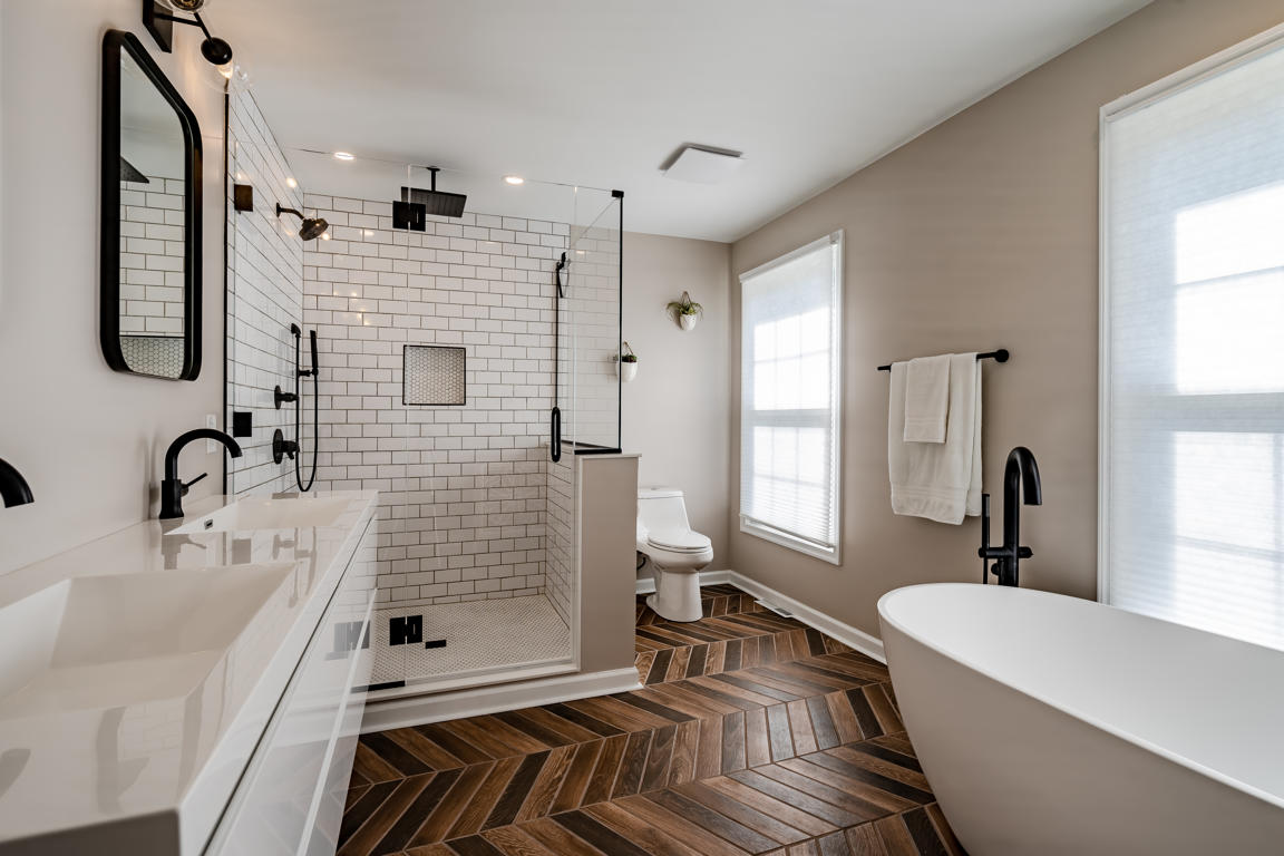 Freestanding oval soaking tub with matte white finish and floor-mounted black gooseneck tub filler beneath tall window
